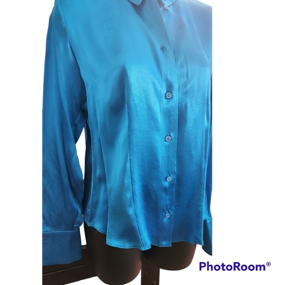 Blue Satin Button Down Shirt - Picture 3 of 4